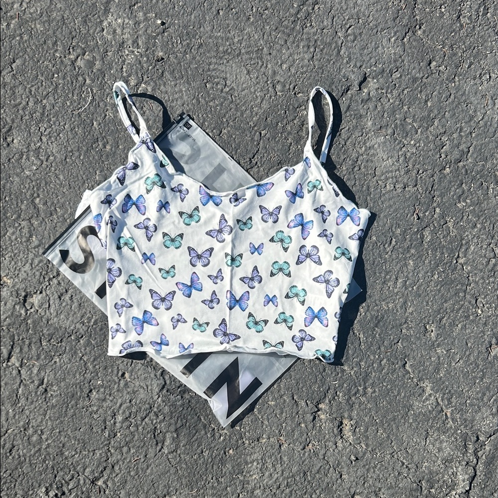 SHEIN White Tank Top with Blue Butterfly Print
